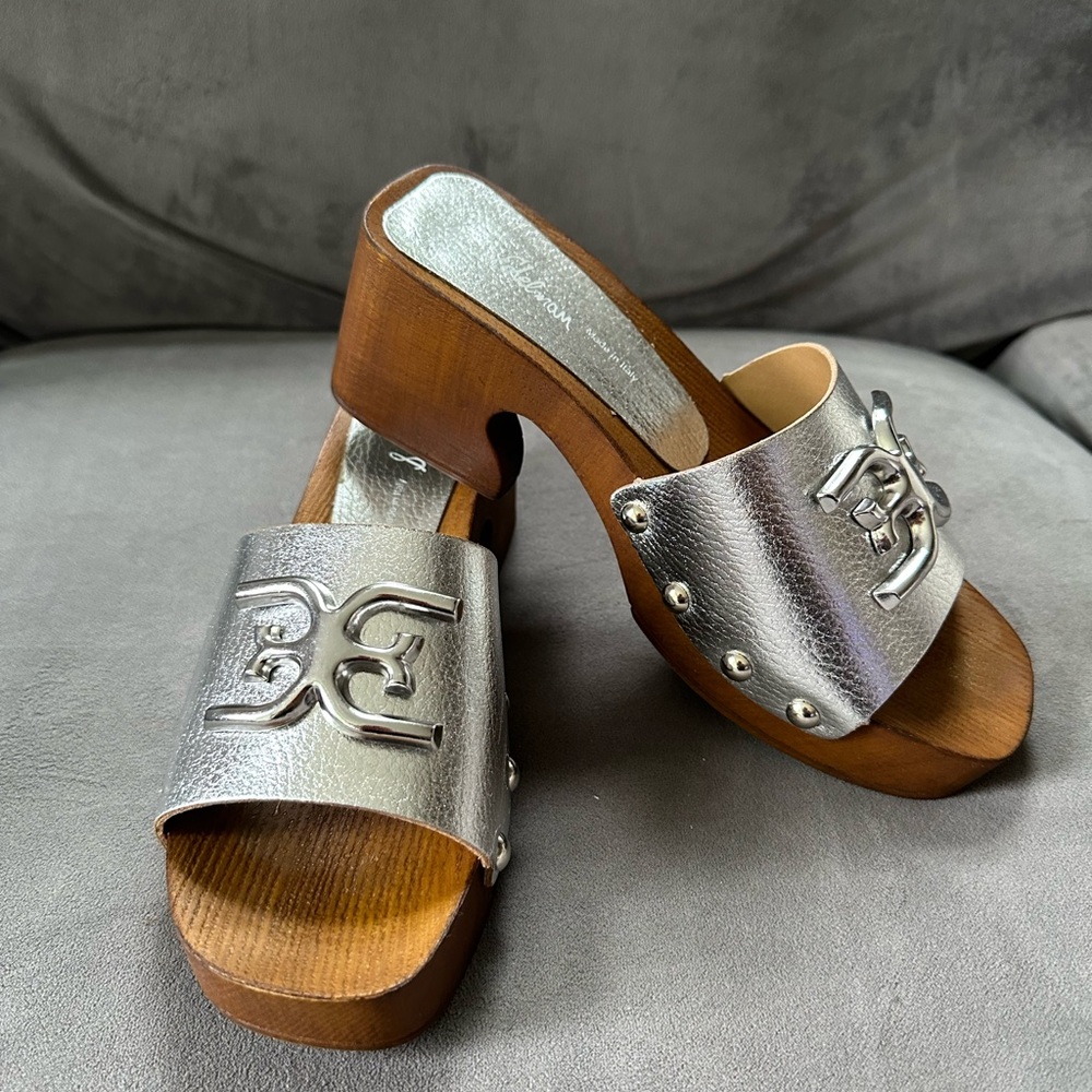 Sam Edelman Silver Mules with Wooden Heel